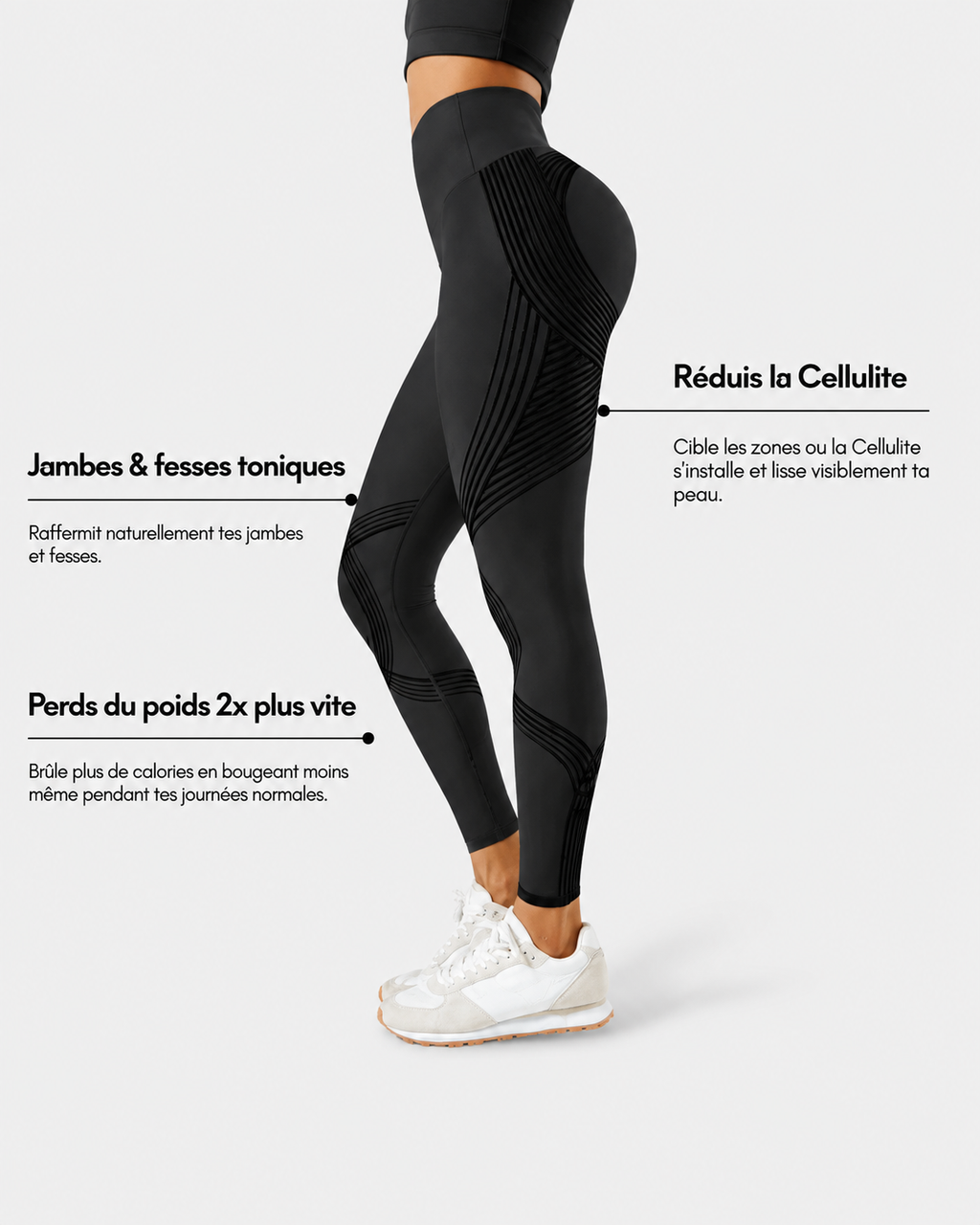 Legging sculptant taille haute CelluFit noir porté, détail de la ceinture large
