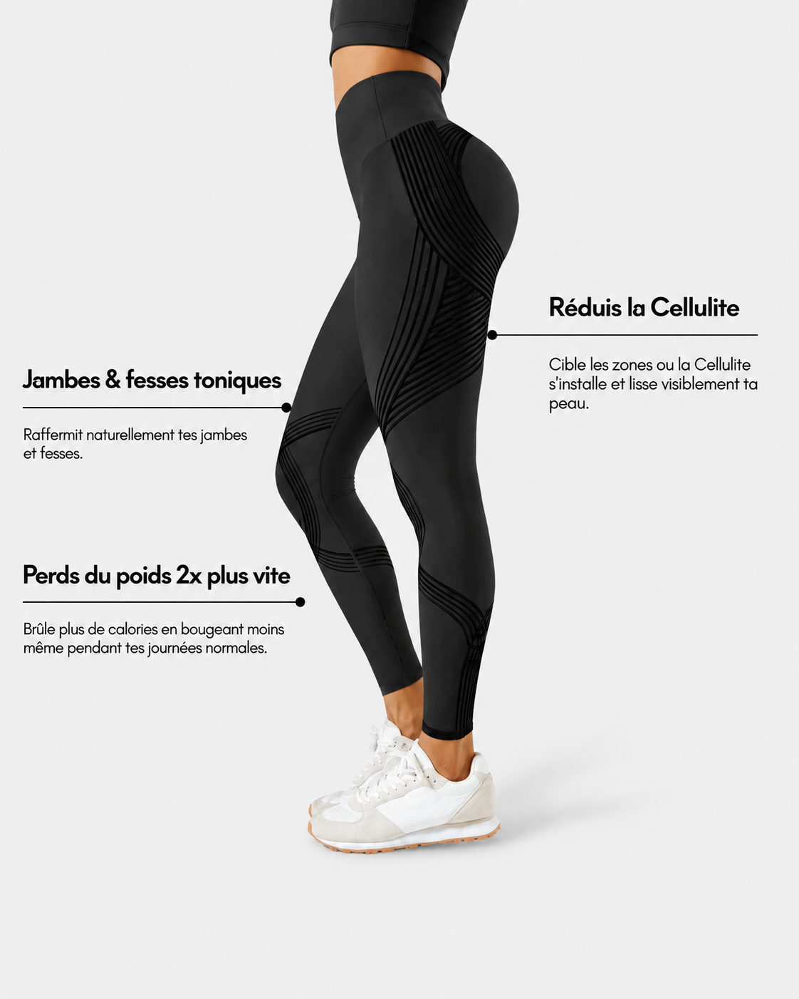 Legging sculptant taille haute CelluFit noir porté, détail de la ceinture large