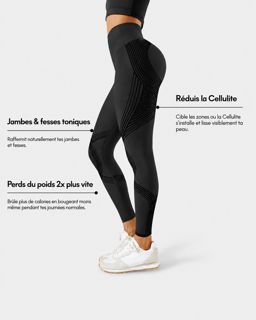 Legging sculptant taille haute CelluFit noir porté, détail de la ceinture large